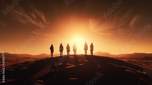 Friends stand on sand dune and admire sunrise. silhouette concept