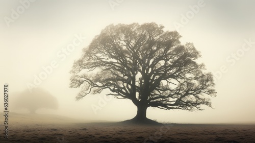 Foggy day silhouette of an ancient oak tree