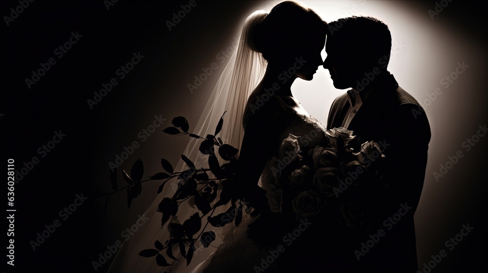 Monochrome colored bouquet of wedding roses takes center stage while the couple remains blurred. silhouette concept