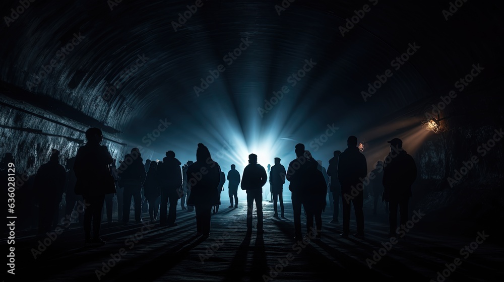 Fototapeta premium Silhouettes of individuals in a tunnel