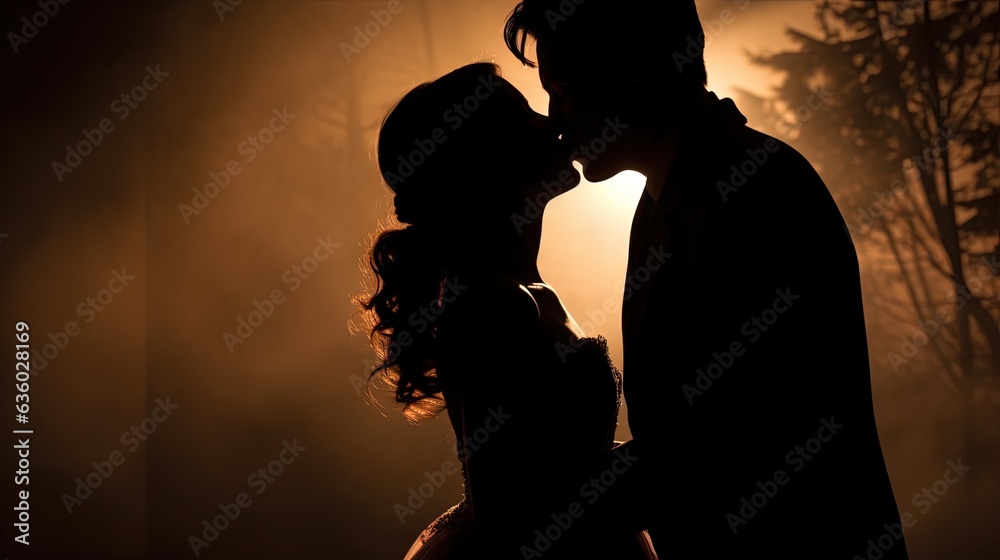 Silhouette of kissing wedding couple