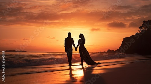 Beach couple at sunrise. silhouette concept