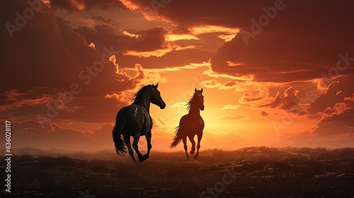 Horses on the field at sunset. silhouette concept