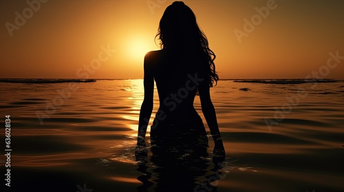 A woman is admiring her reflection in the sunlight on the sea. silhouette concept