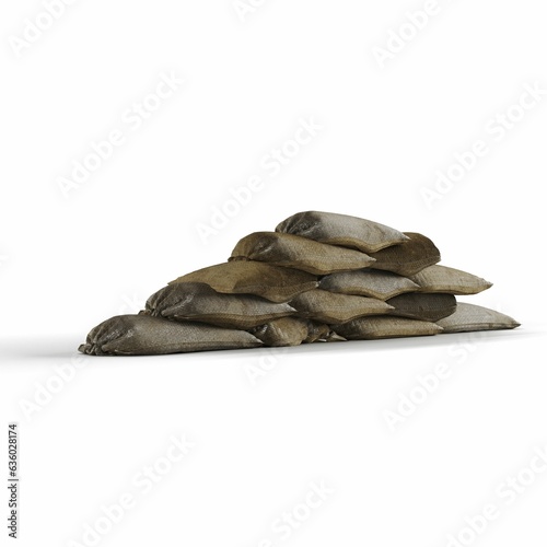 3D rendering of stuffed and stacked sacks isolated on a white background