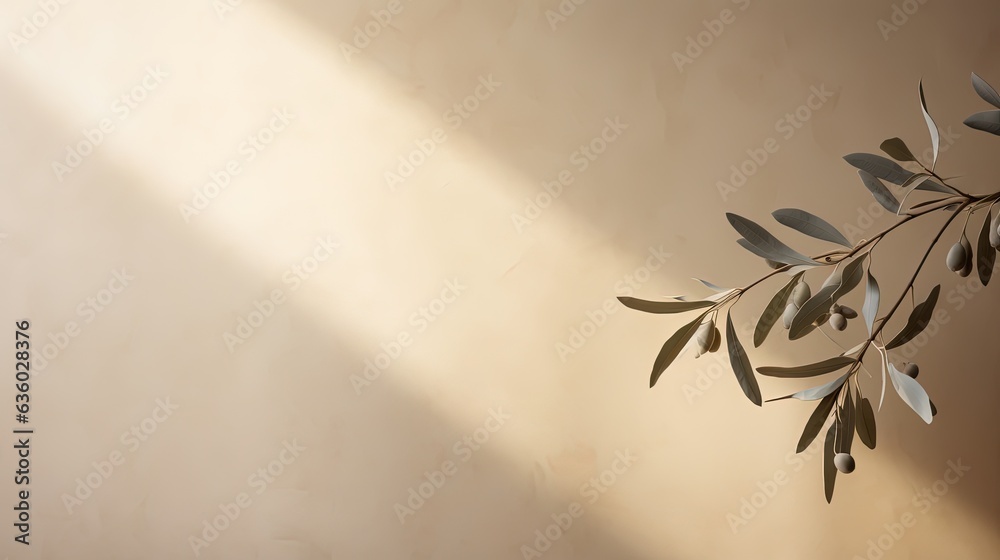 Neutral pastel beige wall adorned with olive tree branches. silhouette concept