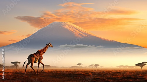 Giraffe silhouette in vibrant African landscape near Kilimanjaro volcano Amboseli national park Kenya Wildlife photography in Kenya African morning atmosphere