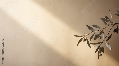 Obraz na płótnie Neutral pastel beige wall adorned with olive tree branches. silhouette concept w salonie