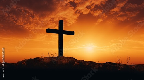 Bright Christian cross against gold sky backdrop. silhouette concept