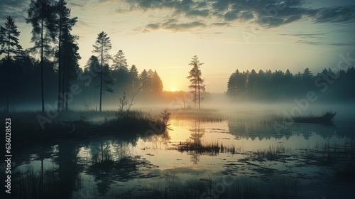 Scenic morning scenery with misty lake serene river and foggy backdrop in a gorgeous park surrounded by old bog and forested outlands with a reflective pond. silhouette concept photo