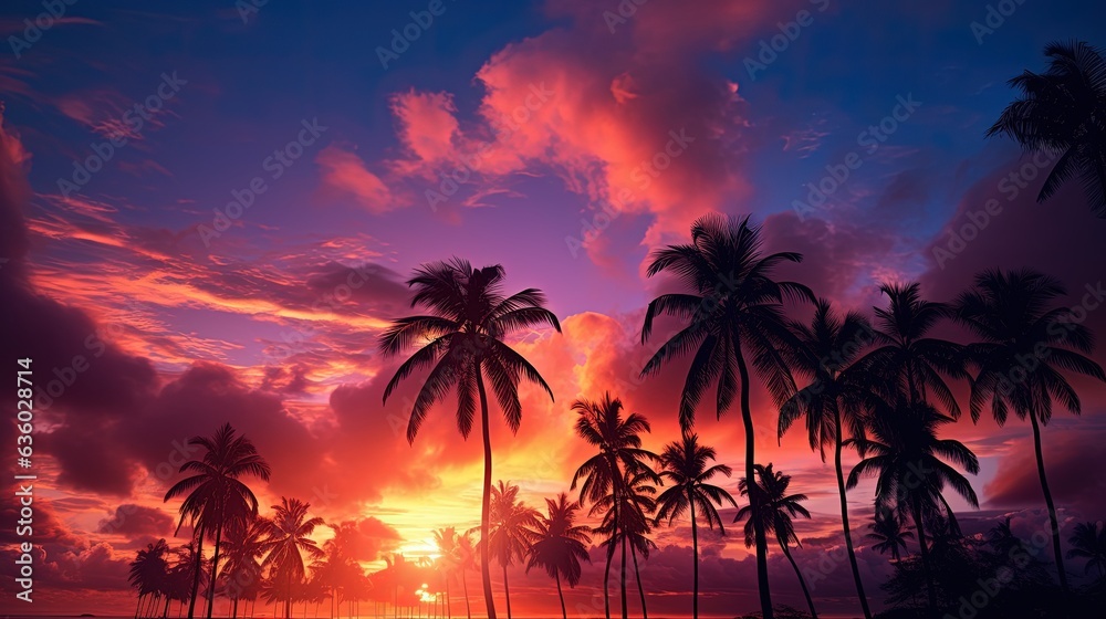 Palm tree shadows at sunset with stunning fiery clouds in the backdrop. silhouette concept