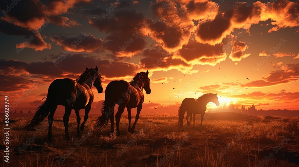 Group of horses eating in a field at dusk. silhouette concept