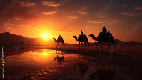 Riders on camels during sunset. silhouette concept