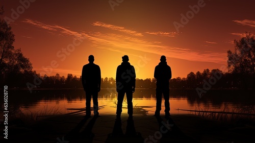 Men s silhouettes beside the lake during sunset