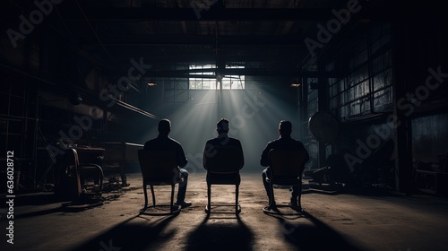 A person sits in the chair at the far right scratching his head as four chairs occupy the open hangar door. silhouette concept