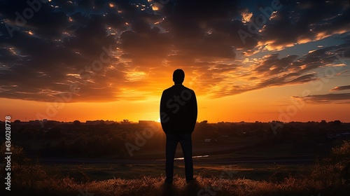 Man waiting at sunset golden sky silhouette