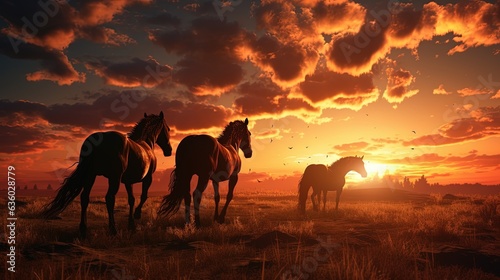 Group of horses eating in a field at dusk. silhouette concept