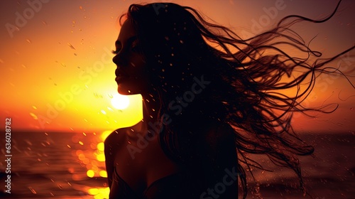 Girl s silhouette at sunset with abstractly wet hair