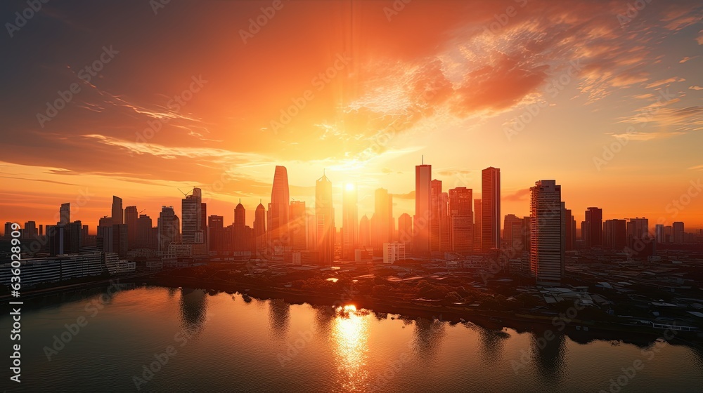 Sunset in summer illuminates golden skylined Bangkok Thailand s capital in southeast Asia. silhouette concept