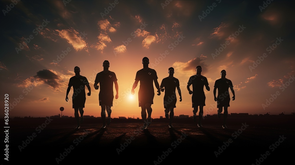 Football players shadows on the evening sky. silhouette concept Football players shadows on the evening sky. silhouette concept