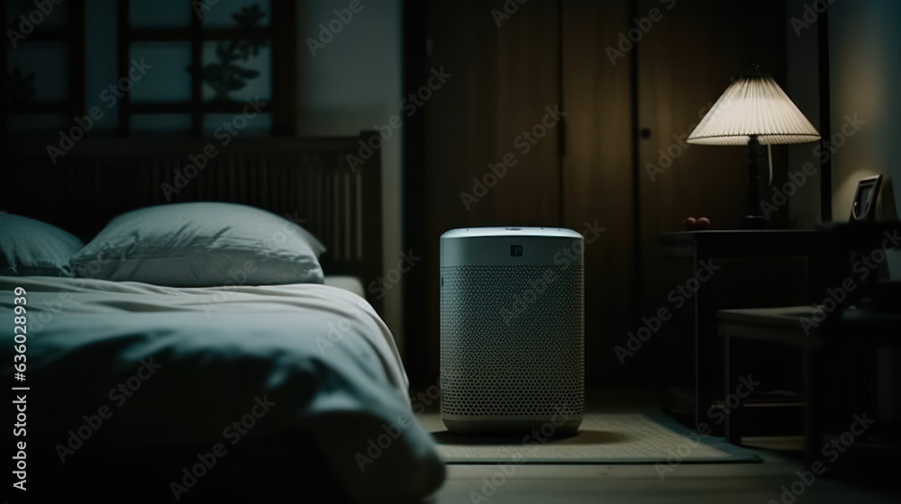 Fototapeta premium air purifier a bedroom, Air cleaner removing fine dust in house.