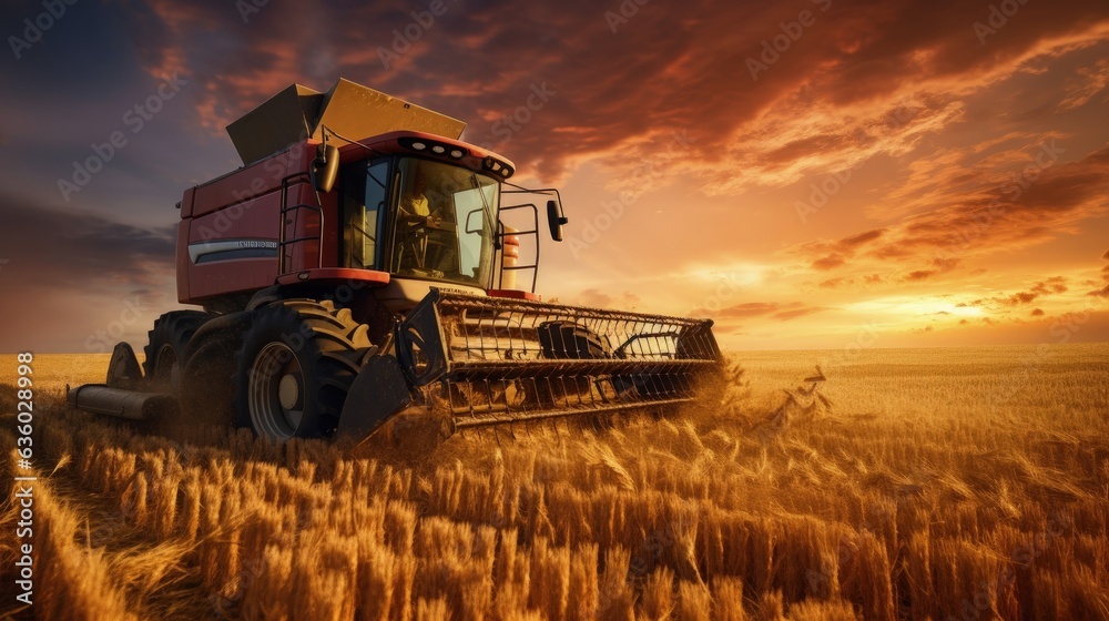 Fototapeta premium Using a combine harvester to gather wheat in a field during a summer sunset and transferring it to a tractor. silhouette concept