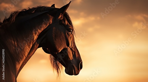 Horse s head in sunset s glow. silhouette concept