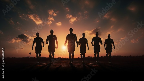 Football players shadows on the evening sky. silhouette concept