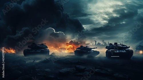 Battle scene at night with German tanks and armored vehicles fighting under a cloudy sky silhouette with war fog