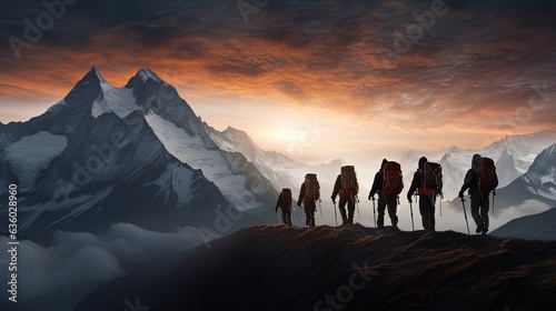 Group hiking in the Swiss Alps. silhouette concept