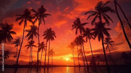 Palm tree shadows at sunset with stunning fiery clouds in the backdrop. silhouette concept © HN Works
