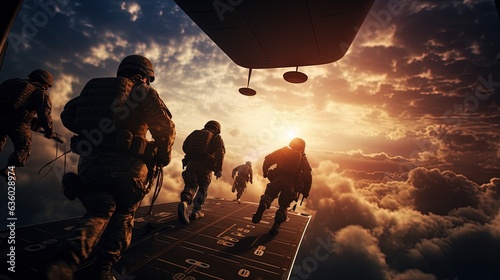 Fotografiet Army soldiers and paratroopers descending from an Air Force C 130 during an airborne operation