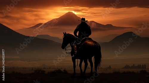 Cowboy on horseback before the Bridger Mountains in Montana at sunrise. silhouette concept photo