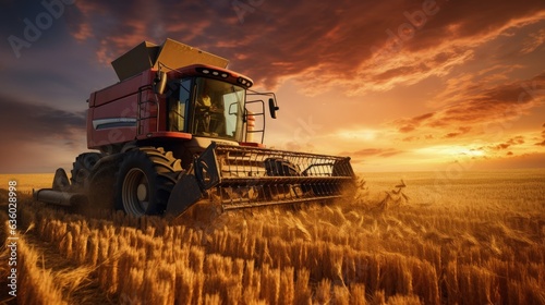 Using a combine harvester to gather wheat in a field during a summer sunset and transferring it to a tractor. silhouette concept