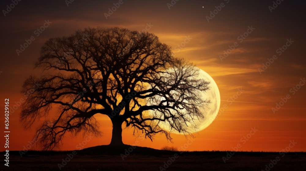 Silhouetted oak tree at sunset with full moon against golden sky in winter Silhouetted oak tree at sunset with full moon against golden sky in winter