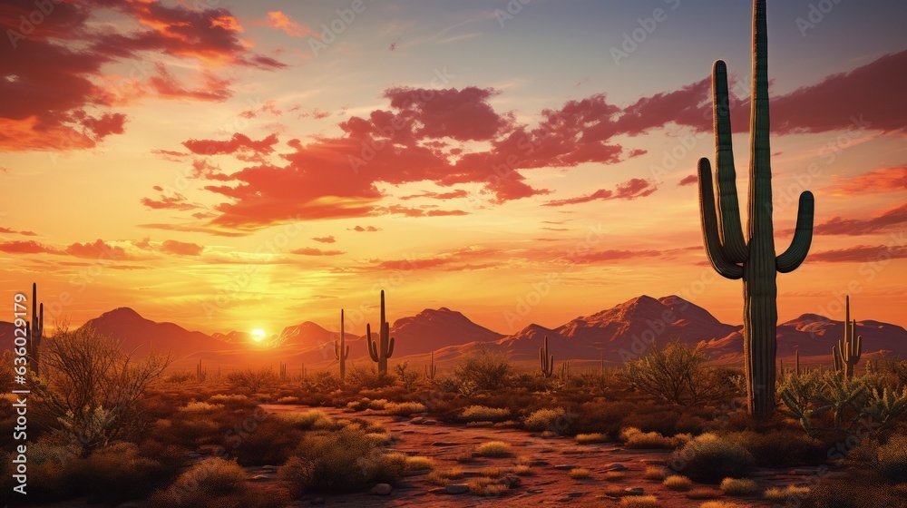 Sonoran desert sunset in Phoenix Arizona featuring a large Saguaro cactus. silhouette concept