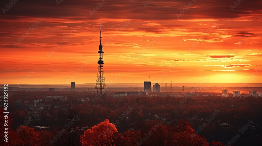 Autumn sunset in Vilnius with dark landmarks and the TV tower near the horizon captured with selective focus. silhouette concept