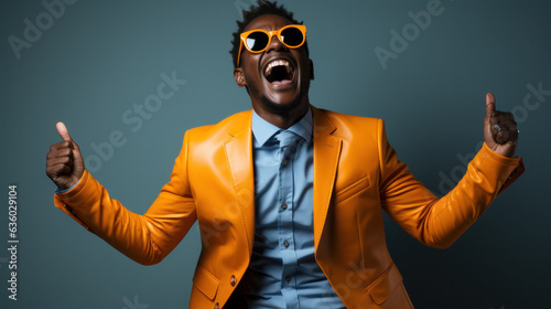 Young man with orange glasses and funky suit laughing hard in front of a coloured background , Commercial style, Generative AI