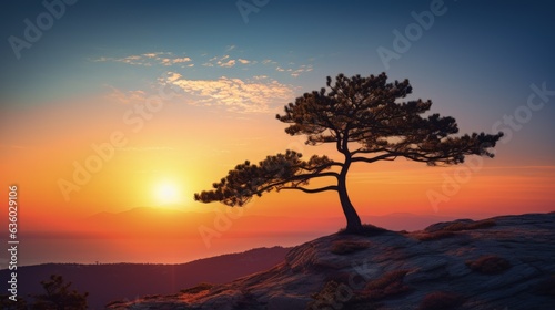 Sunset silhouette of a pine tree