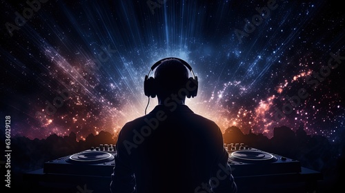 Night club DJ wearing headphones under party lights showcasing the nightout theme. silhouette concept