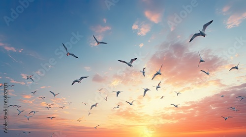 Group of white birds flying in the air. silhouette concept