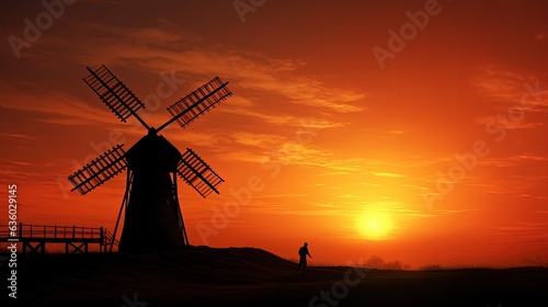 Windmill silhouette at sunset old fashioned style