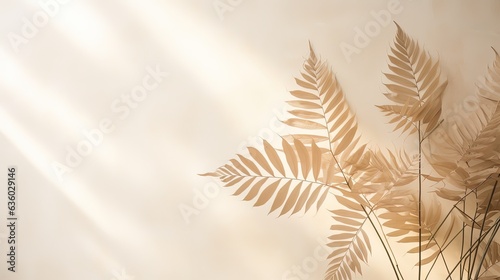 Nature s tropical leaves cast shadows and sunlight on a white wall texture for a wallpaper background creating a shadow overlay effect. silhouette concept