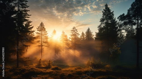 Misty summer morning sun rising in a forest. silhouette concept