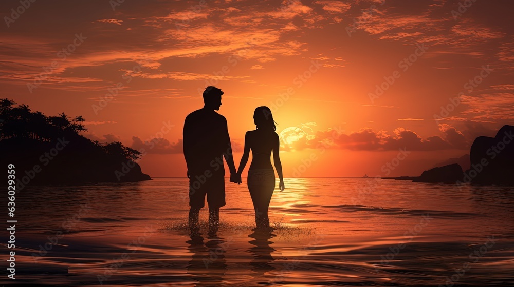 Silhouetted couple at sea during sunset