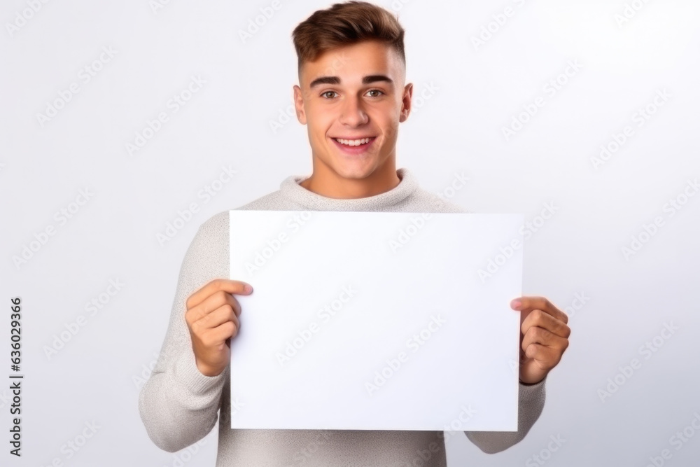 Young smiling man holding empty paper sheet with space for text. Young smiling man holding empty paper sheet with space for text.