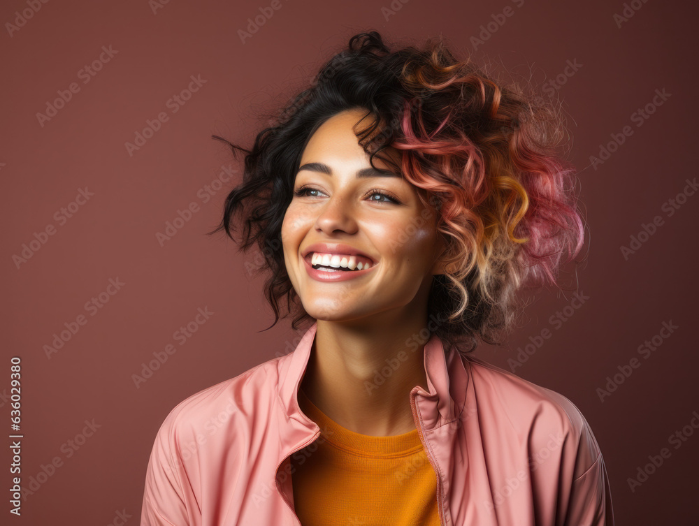 Young women with curls and pink highlights smiling in front of a coloured background , Commercial style, Generative AI Young women with curls and pink highlights smiling in front of a coloured background , Commercial style, Generative AI
