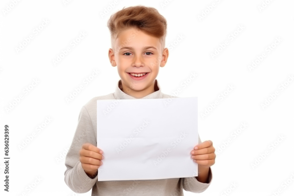 Smiling boy kid holding empty paper placard with space for text. Smiling boy kid holding empty paper placard with space for text.