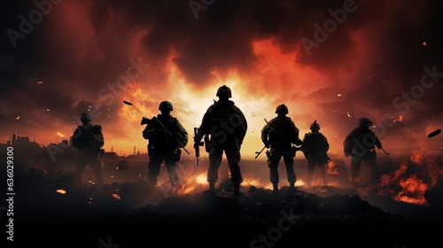 An image of soldiers in battle amidst explosions and smoke. silhouette concept