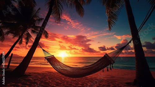 Gorgeous sunset over a tropical beach with palm trees and a hammock. silhouette concept © HN Works